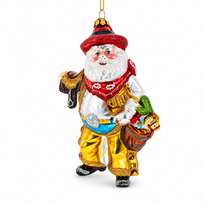 Wild West Santa Glass Christmas Ornament