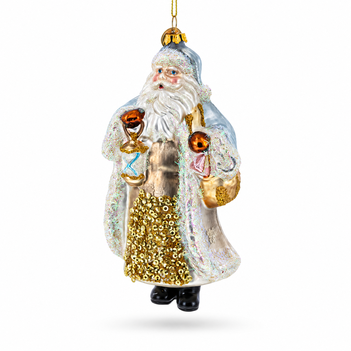 Glittered Santa Holding a Magical Lantern Glass Christmas Ornament