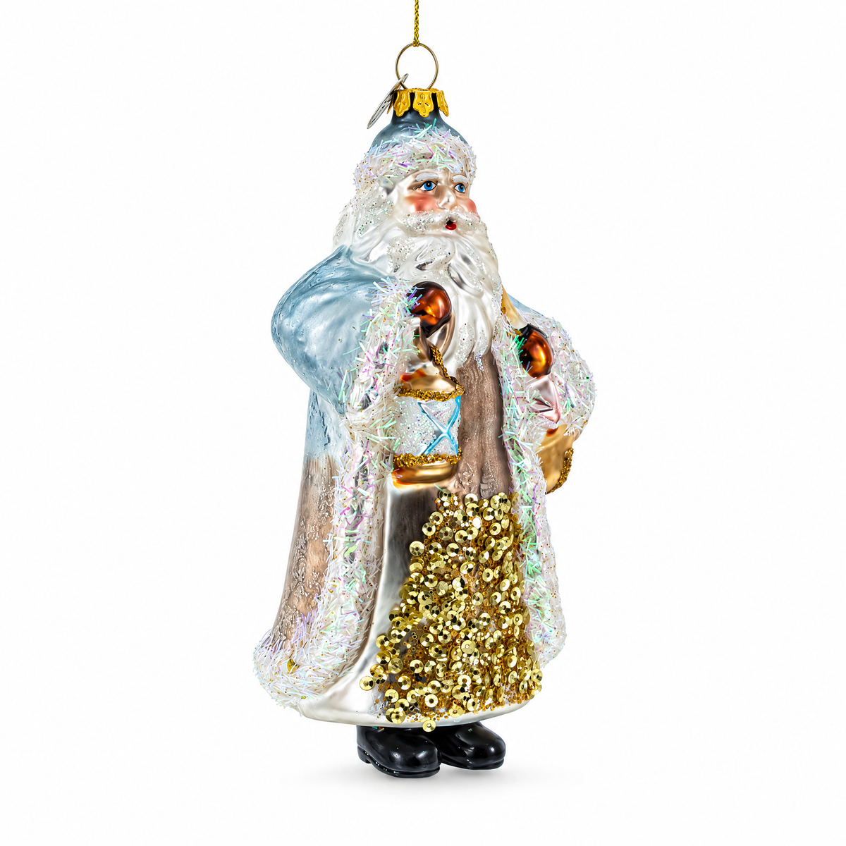 Glittered Santa Holding a Magical Lantern Glass Christmas Ornament