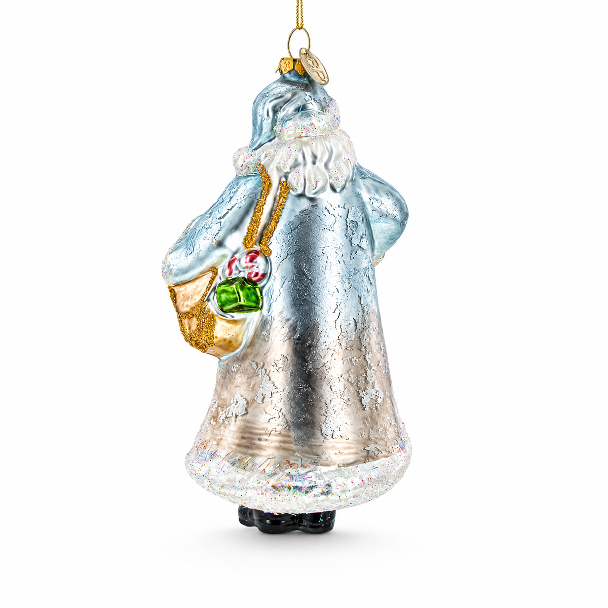 Glittered Santa Holding a Magical Lantern Glass Christmas Ornament