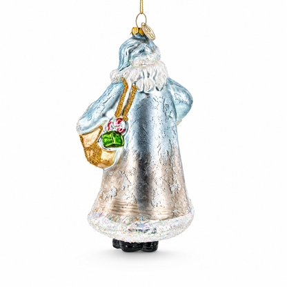 Glittered Santa Holding a Magical Lantern Glass Christmas Ornament