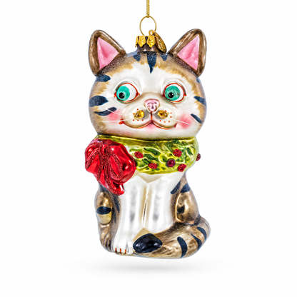 Striped Cat with Scarf Glass Christmas Ornament