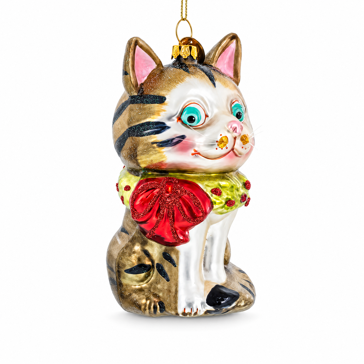 Striped Cat with Scarf Glass Christmas Ornament