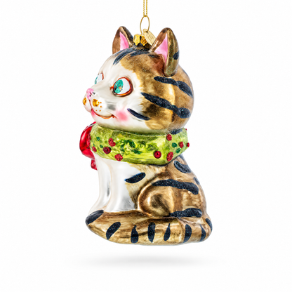 Striped Cat with Scarf Glass Christmas Ornament