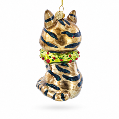 Striped Cat with Scarf Glass Christmas Ornament