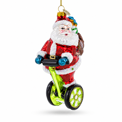 Santa Cruising on Electric Scooter Glass Christmas Ornament