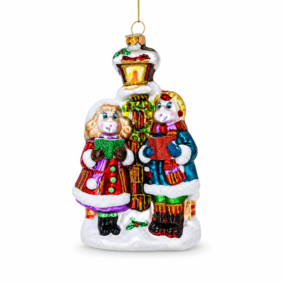 Carolers by a Vintage Lantern Glass Christmas Ornament