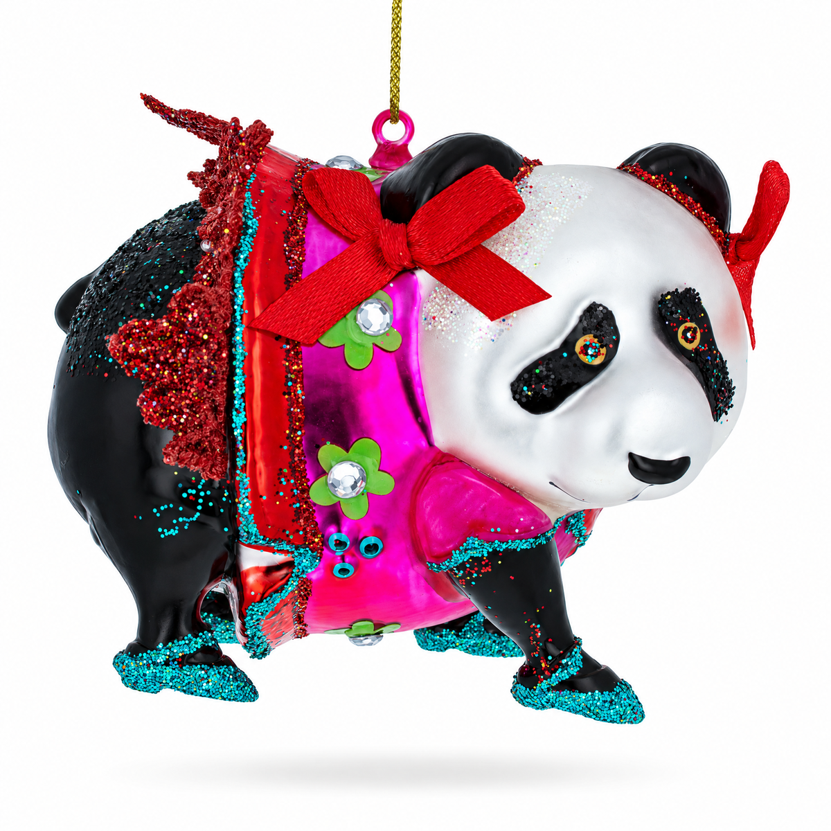 Panda in Colorful Dress Glass Christmas Ornament