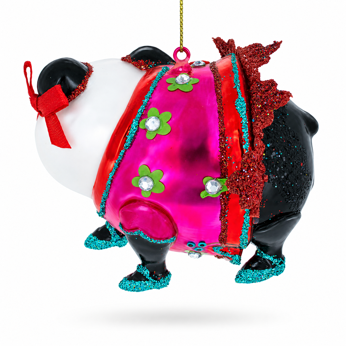 Panda in Colorful Dress Glass Christmas Ornament