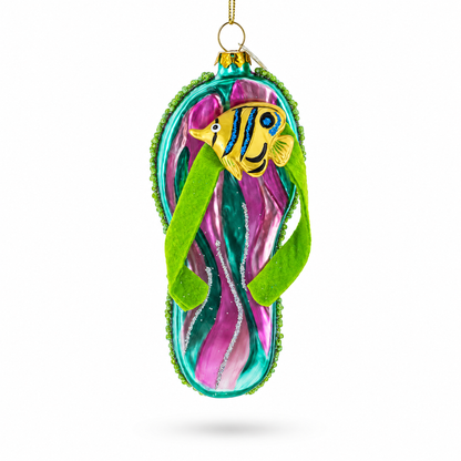 Tropical Turquoise Flip Flops with Fish Design Glass Christmas Ornament