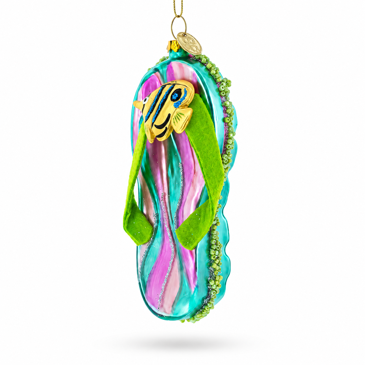 Tropical Turquoise Flip Flops with Fish Design Glass Christmas Ornament