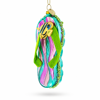 Tropical Turquoise Flip Flops with Fish Design Glass Christmas Ornament