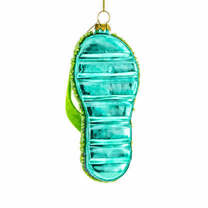 Tropical Turquoise Flip Flops with Fish Design Glass Christmas Ornament