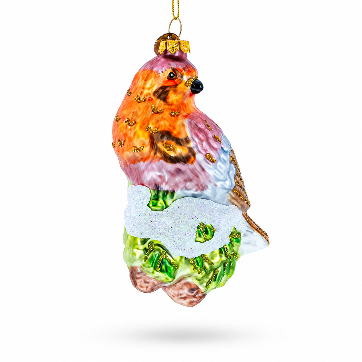 Songbird on Branch Glass Christmas Ornament