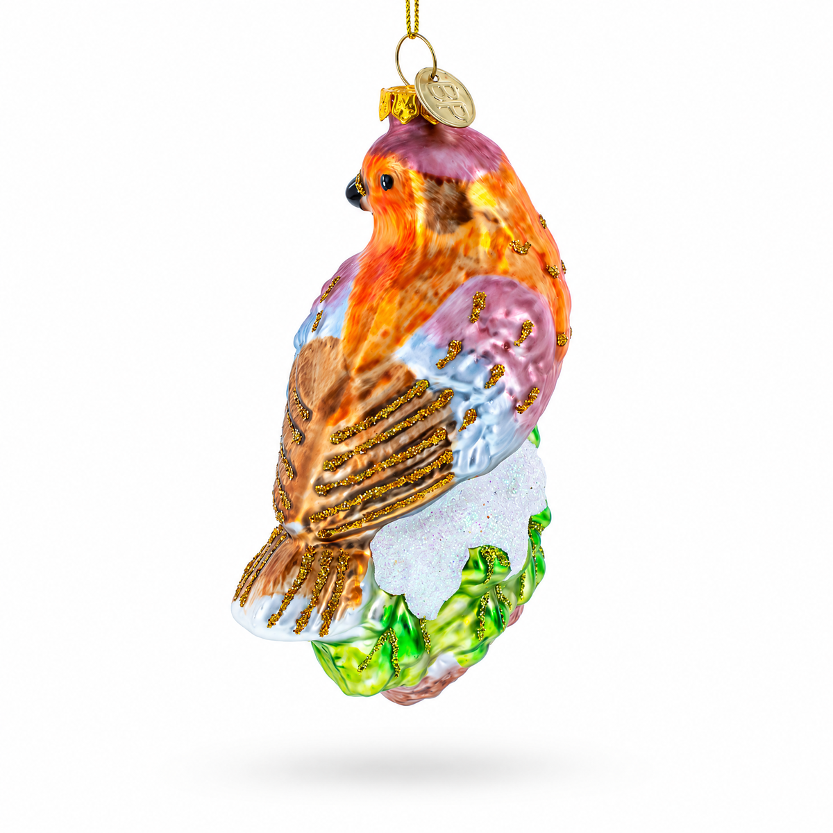 Songbird on Branch Glass Christmas Ornament