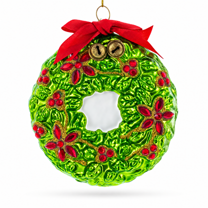 Holiday Wreath with Red Bow and Bells Glass Christmas Ornament