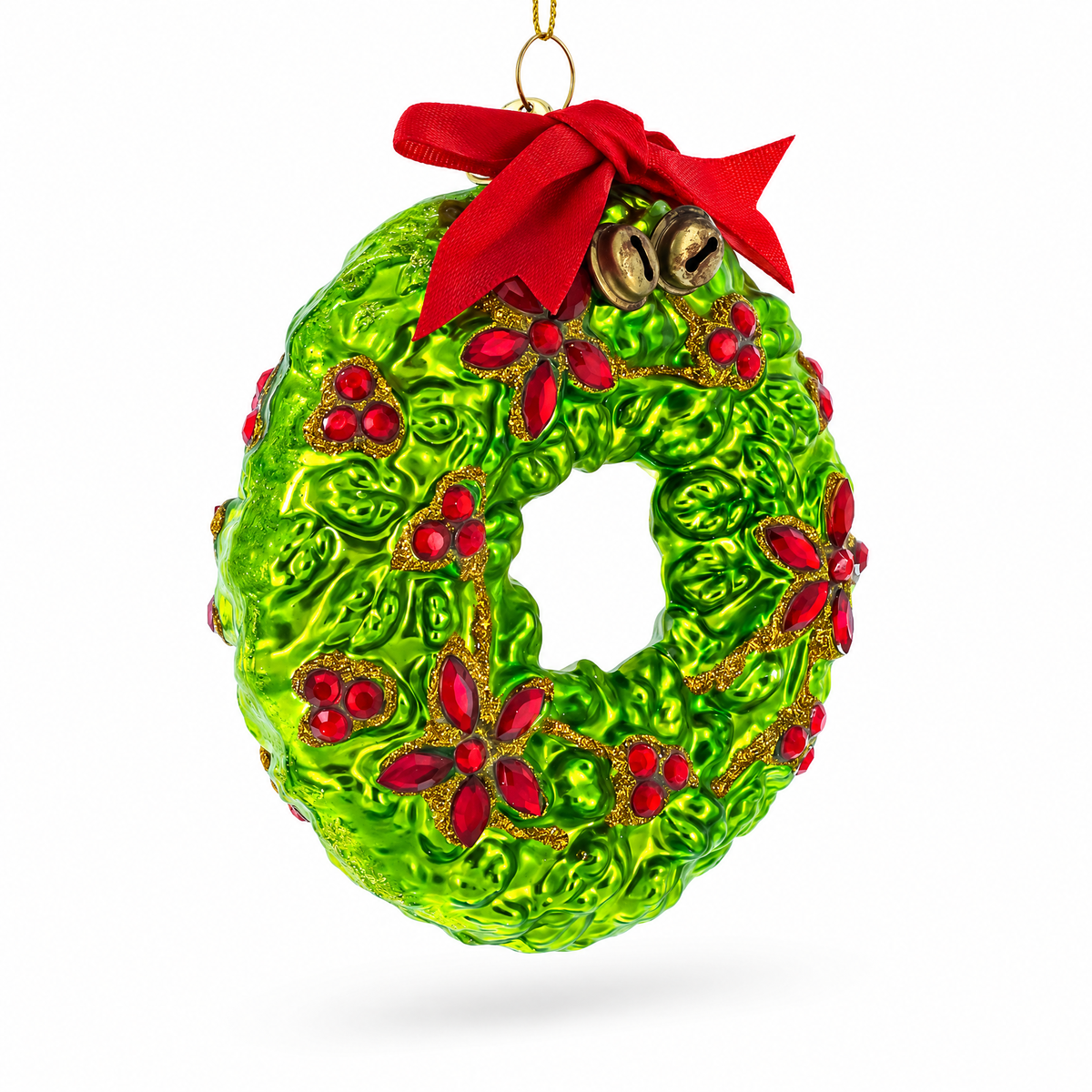 Holiday Wreath with Red Bow and Bells Glass Christmas Ornament