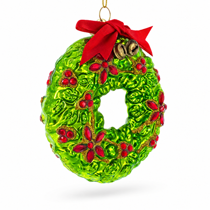 Holiday Wreath with Red Bow and Bells Glass Christmas Ornament