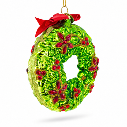 Holiday Wreath with Red Bow and Bells Glass Christmas Ornament