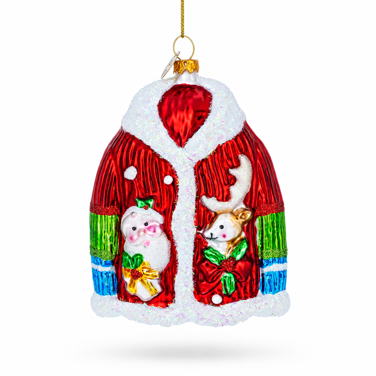 Jacket With Santa and Reindeer Glass Christmas Ornament