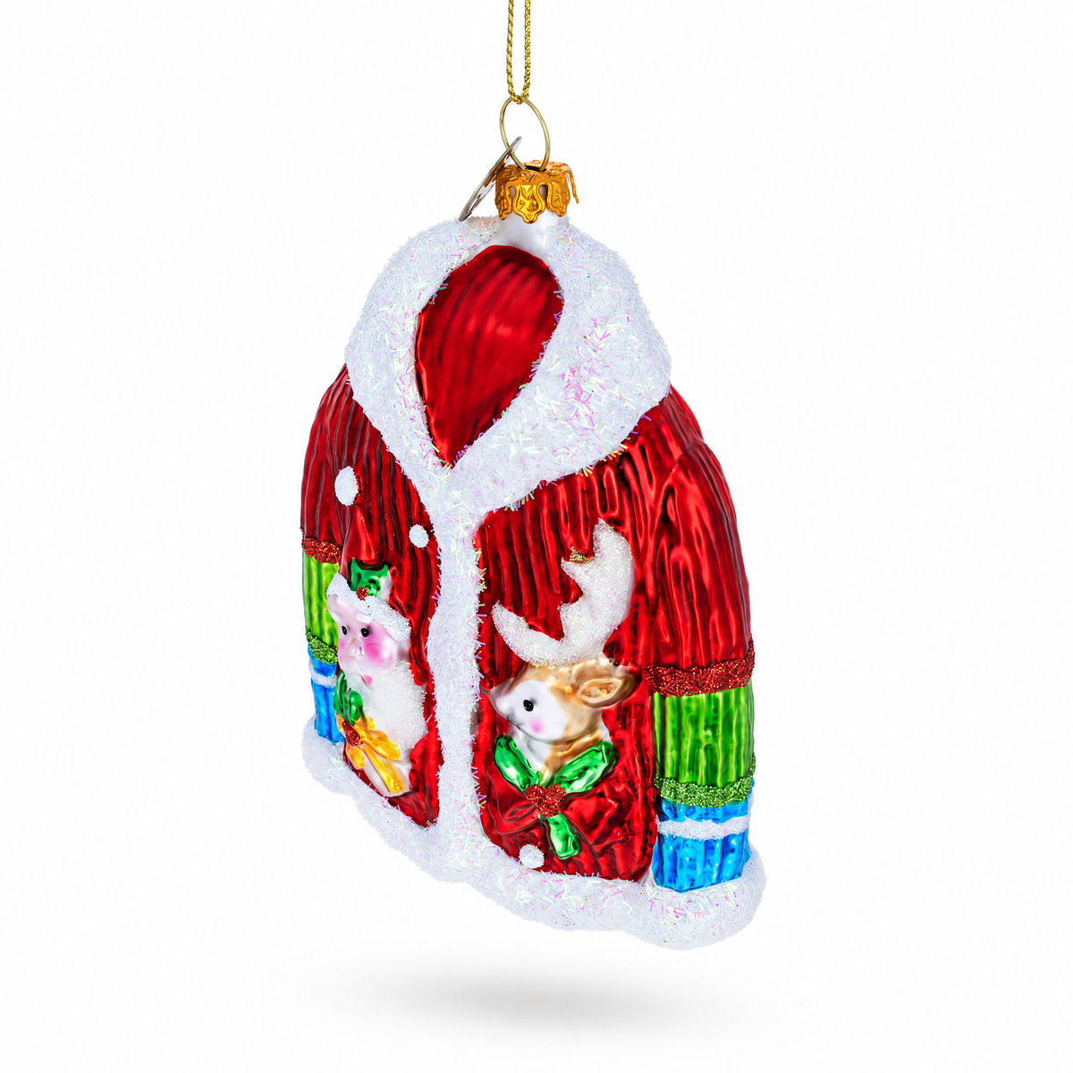 Jacket With Santa and Reindeer Glass Christmas Ornament