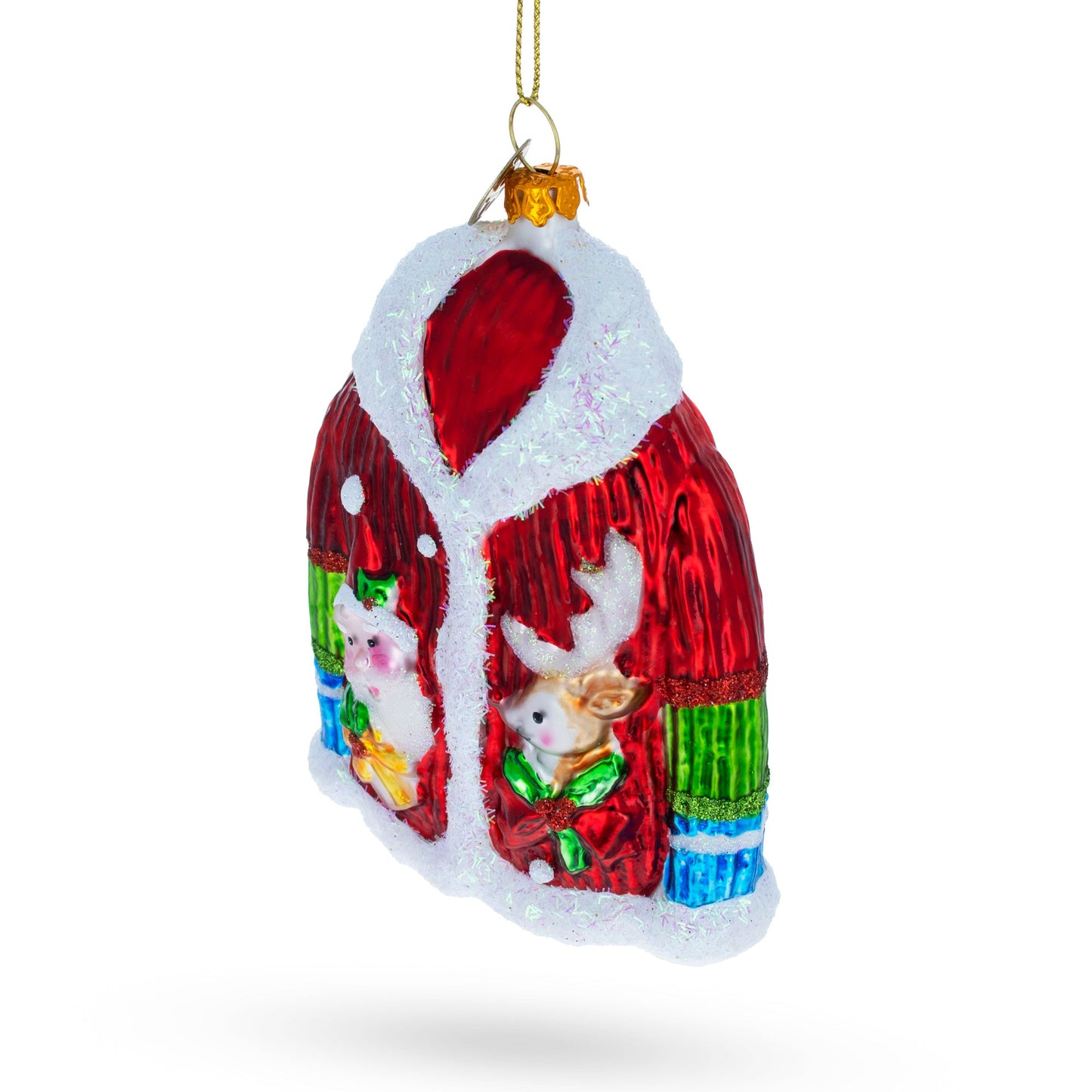 Jacket With Santa and Reindeer Glass Christmas Ornament