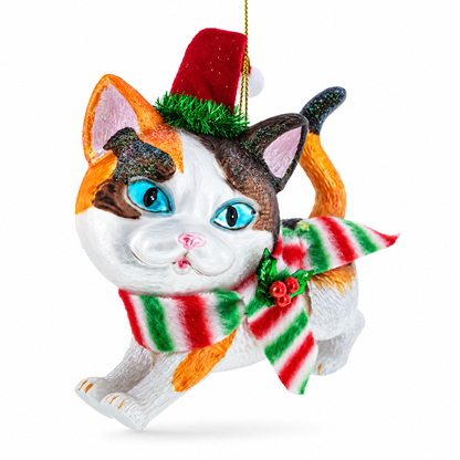 Calico Cat with Scarf Glass Christmas Ornament