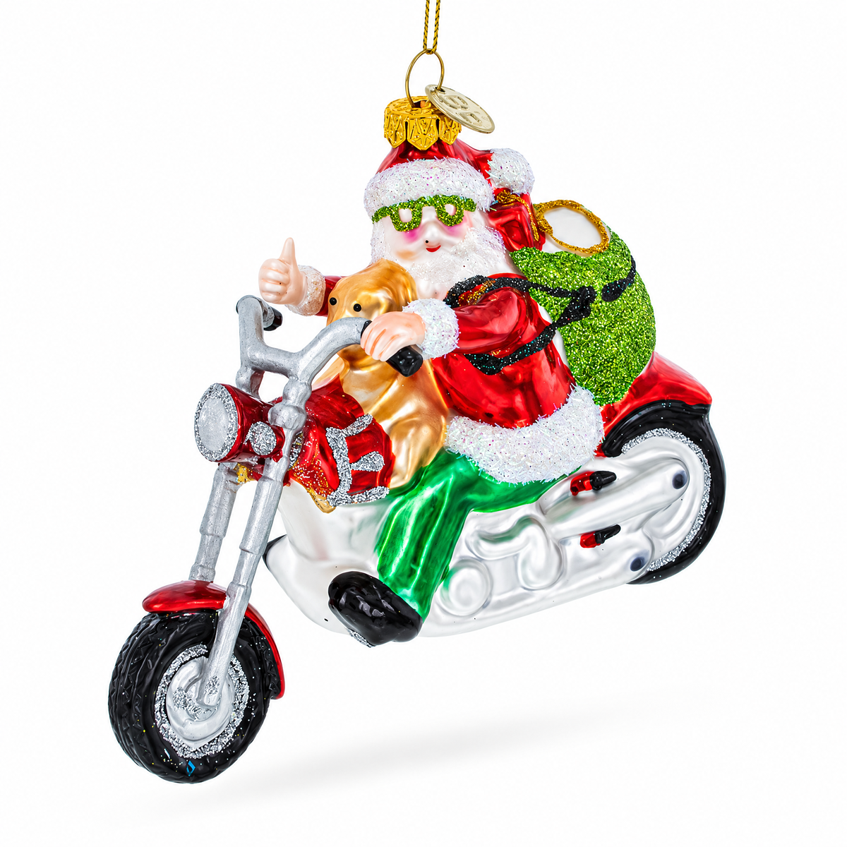 Biker Santa on Red Motorcycle Glass Christmas Ornament