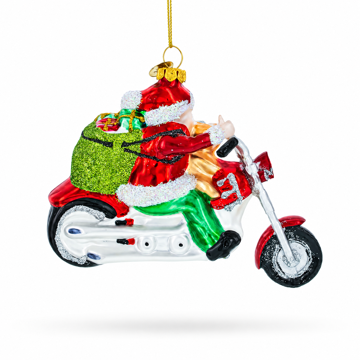 Biker Santa on Red Motorcycle Glass Christmas Ornament