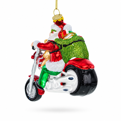 Biker Santa on Red Motorcycle Glass Christmas Ornament