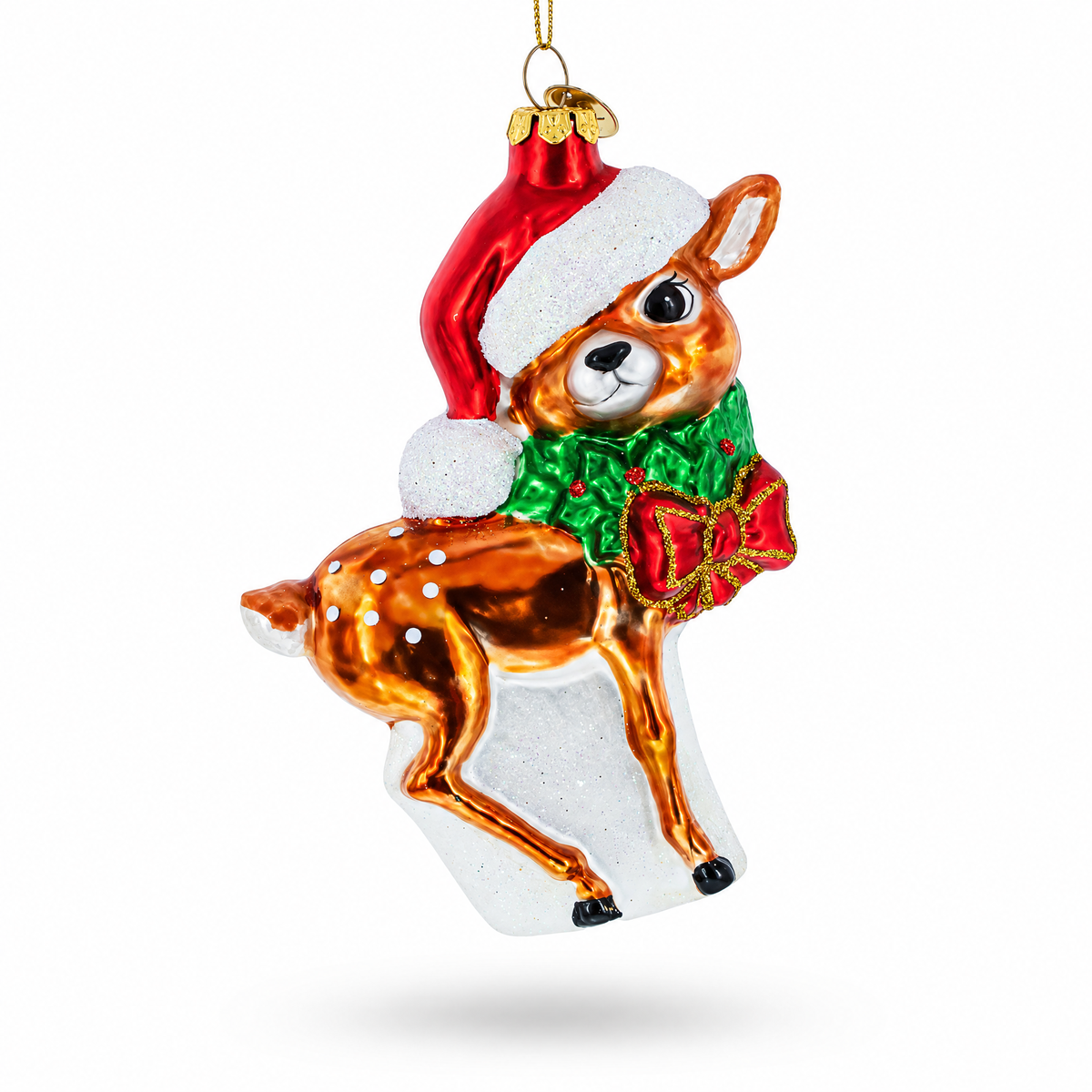 Reindeer with Santa Hat Glass Christmas Ornament