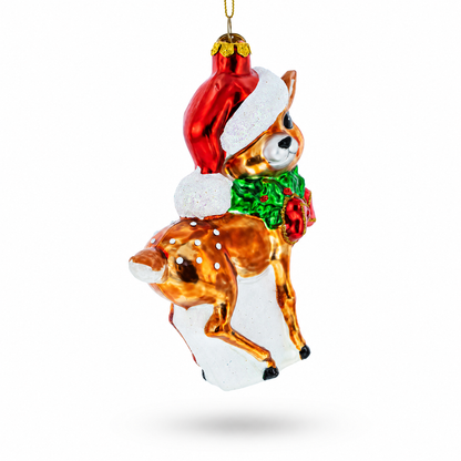 Reindeer with Santa Hat Glass Christmas Ornament