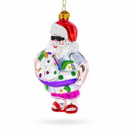 Beach Santa with Unicorn Floatie Glass Christmas Ornament
