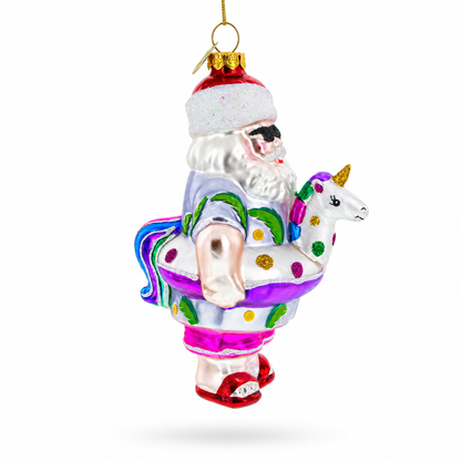 Beach Santa with Unicorn Floatie Glass Christmas Ornament