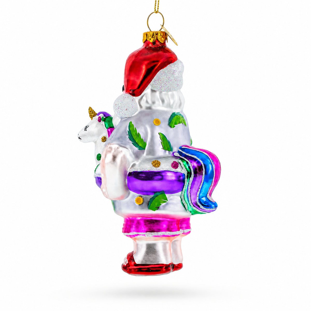 Beach Santa with Unicorn Floatie Glass Christmas Ornament