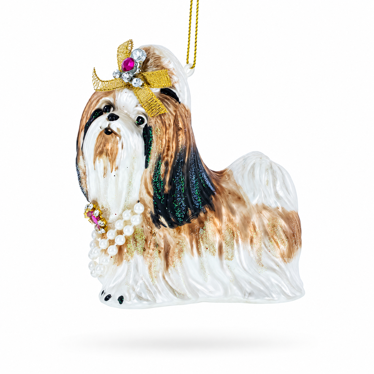 Shih Tzu with Pearls Glass Christmas Ornament