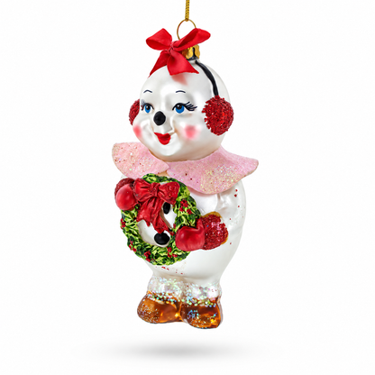 Snowwoman with Wreath Glass Christmas Ornament