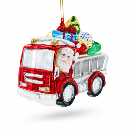 Santa Driving a Dump Truck Full of Presents Glass Christmas Ornament