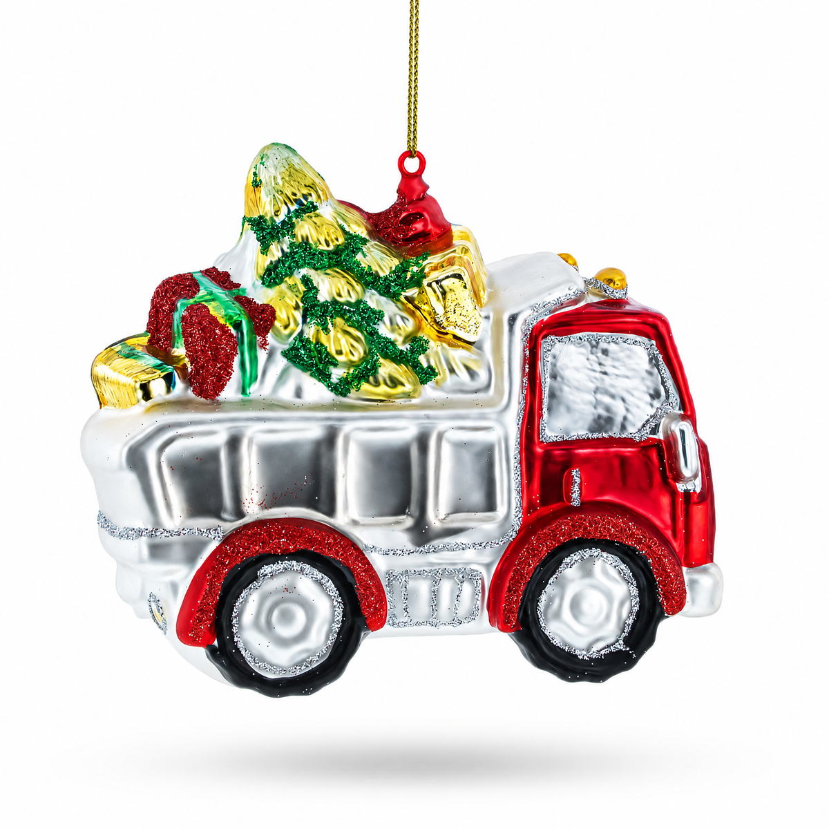 Santa Driving a Dump Truck Full of Presents Glass Christmas Ornament