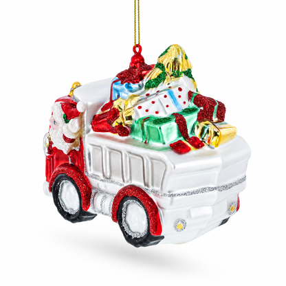Santa Driving a Dump Truck Full of Presents Glass Christmas Ornament