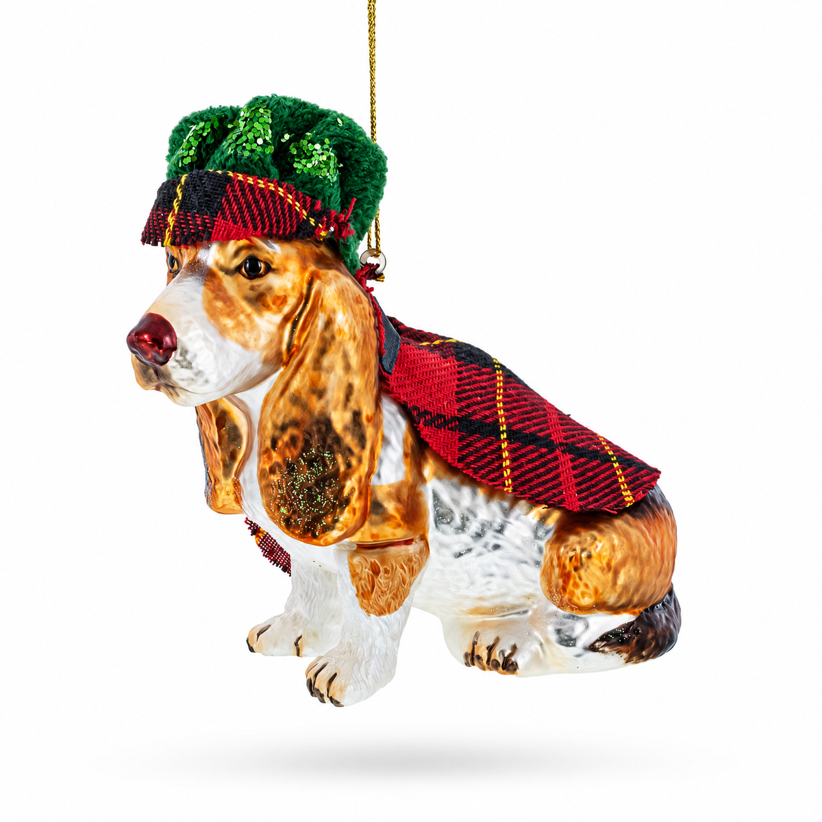 Hound in Tartan Cape and Plaid Hat Glass Christmas Ornament