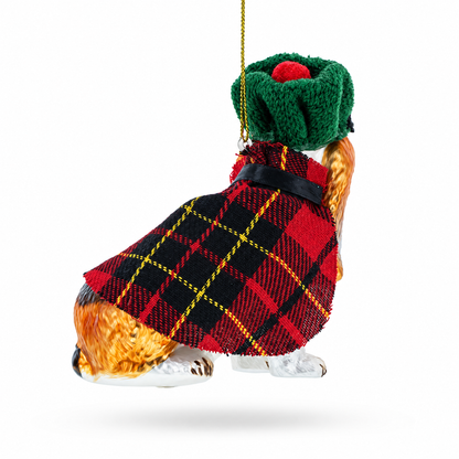 Hound in Tartan Cape and Plaid Hat Glass Christmas Ornament