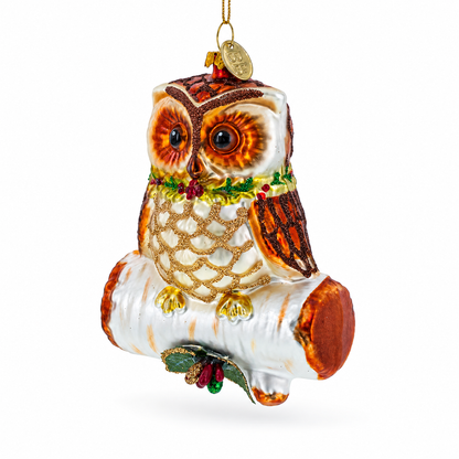 Wise Owl on Branch Glass Christmas Ornament