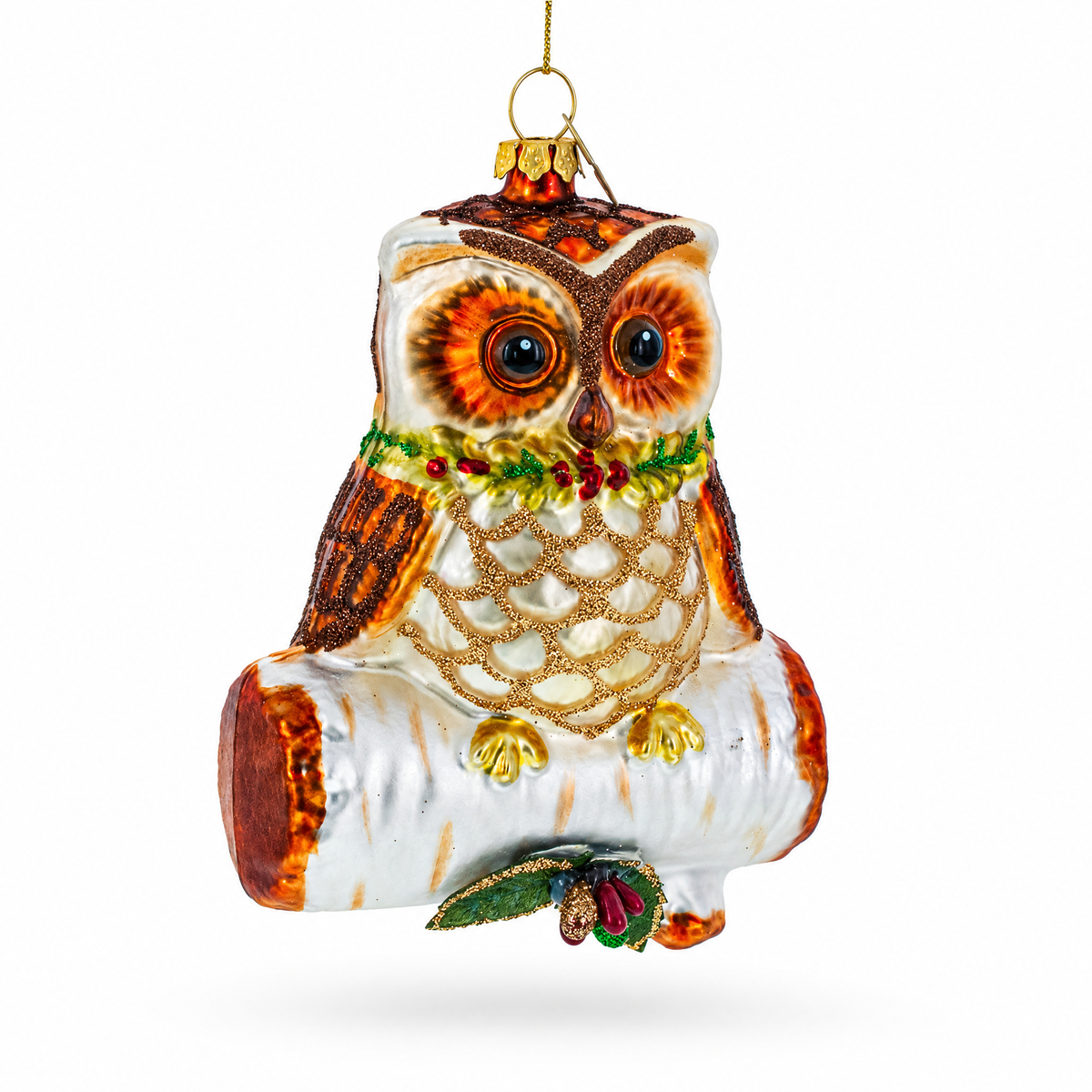 Wise Owl on Branch Glass Christmas Ornament