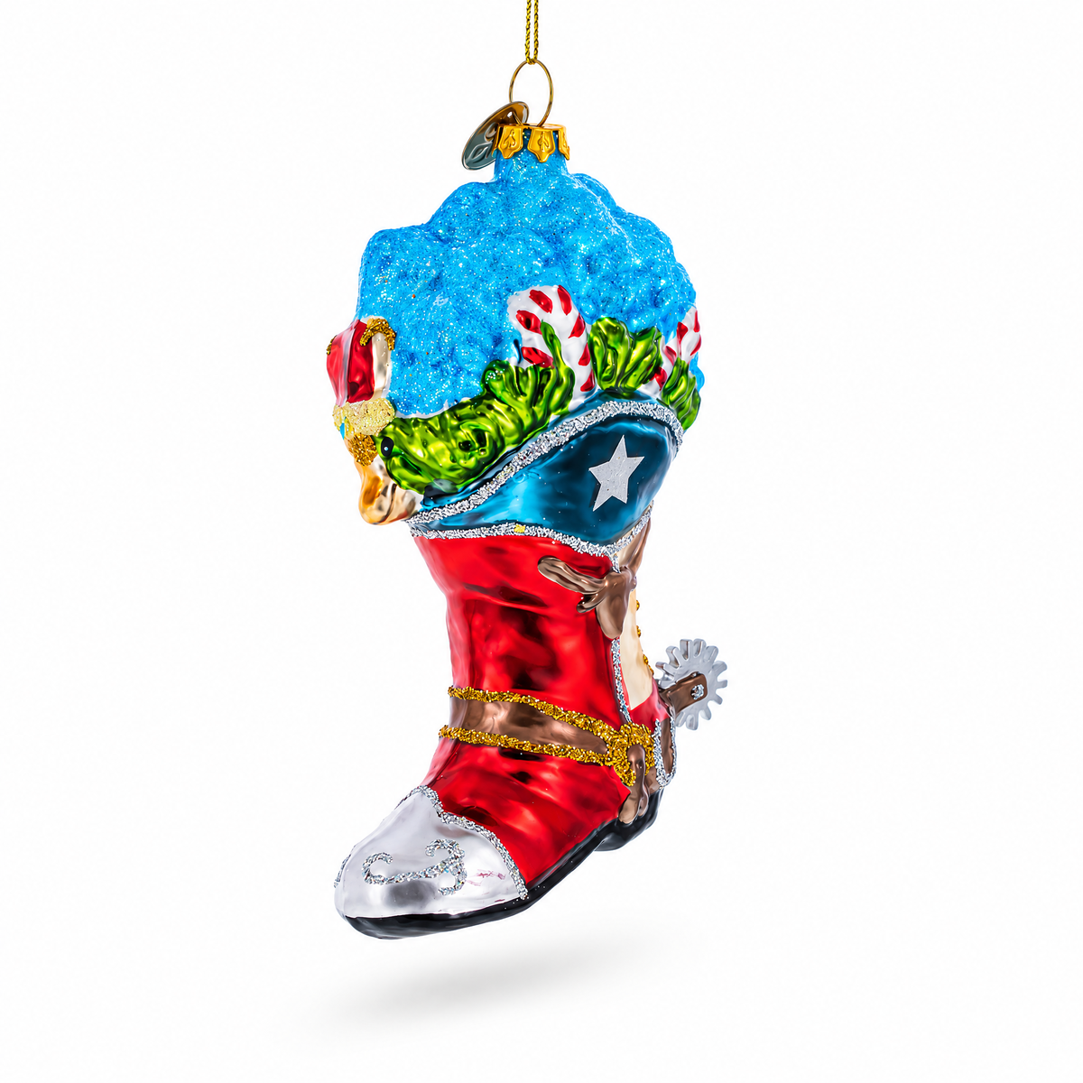 Cowboy Boot with Candy Canes Glass Christmas Ornament