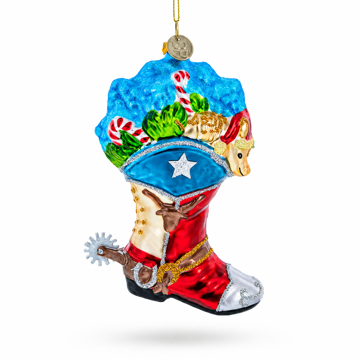 Cowboy Boot with Candy Canes Glass Christmas Ornament