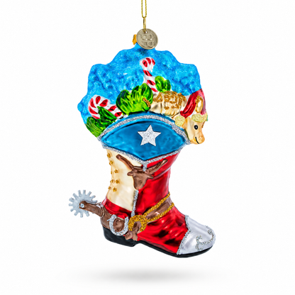 Cowboy Boot with Candy Canes Glass Christmas Ornament