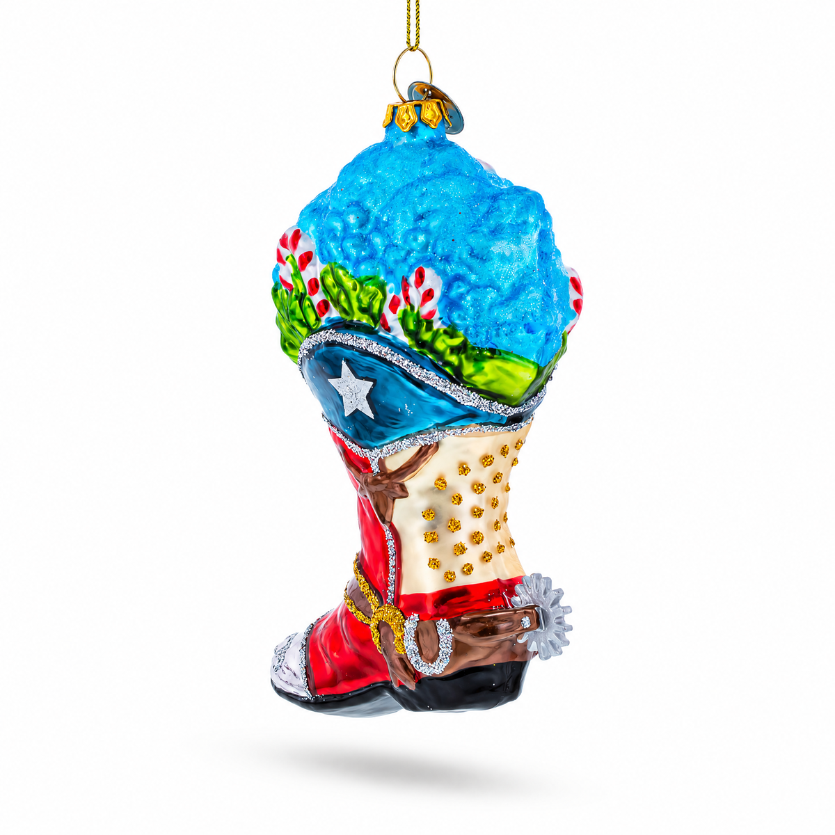 Cowboy Boot with Candy Canes Glass Christmas Ornament