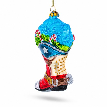 Cowboy Boot with Candy Canes Glass Christmas Ornament