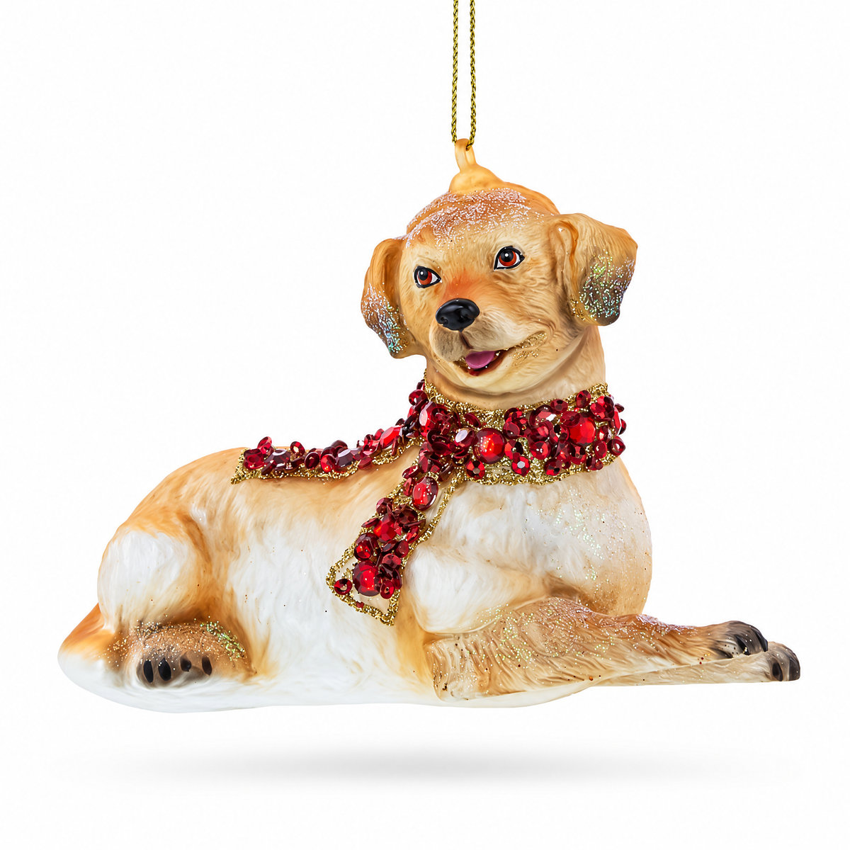 Golden Retriever with Jeweled Collar Glass Christmas Ornament